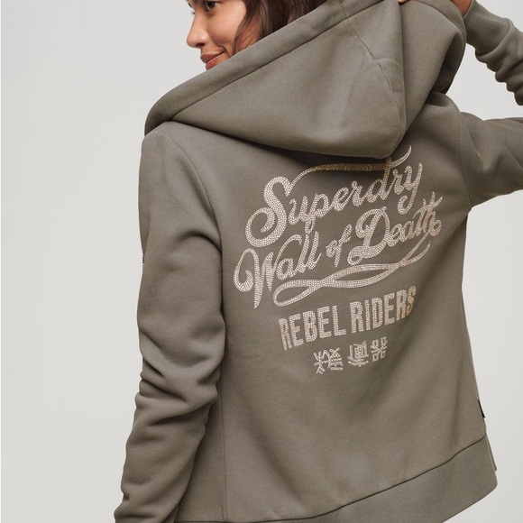 Superdry wall of death rebel rider embellished women’s hoodie sz 16 - Picture 2 of 14